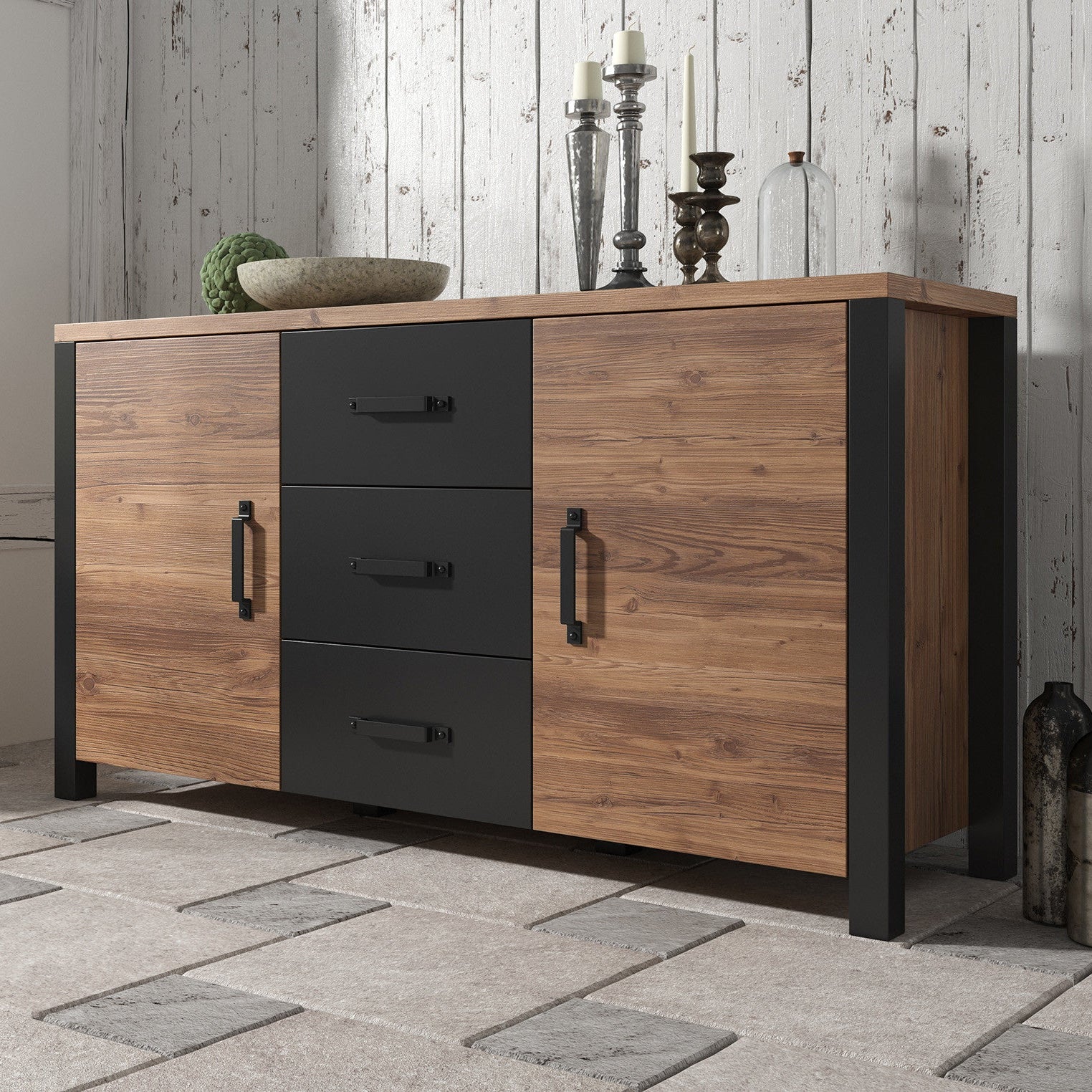 Olivia - Dressoir - Zwart/eiken - 147x43x79 cm