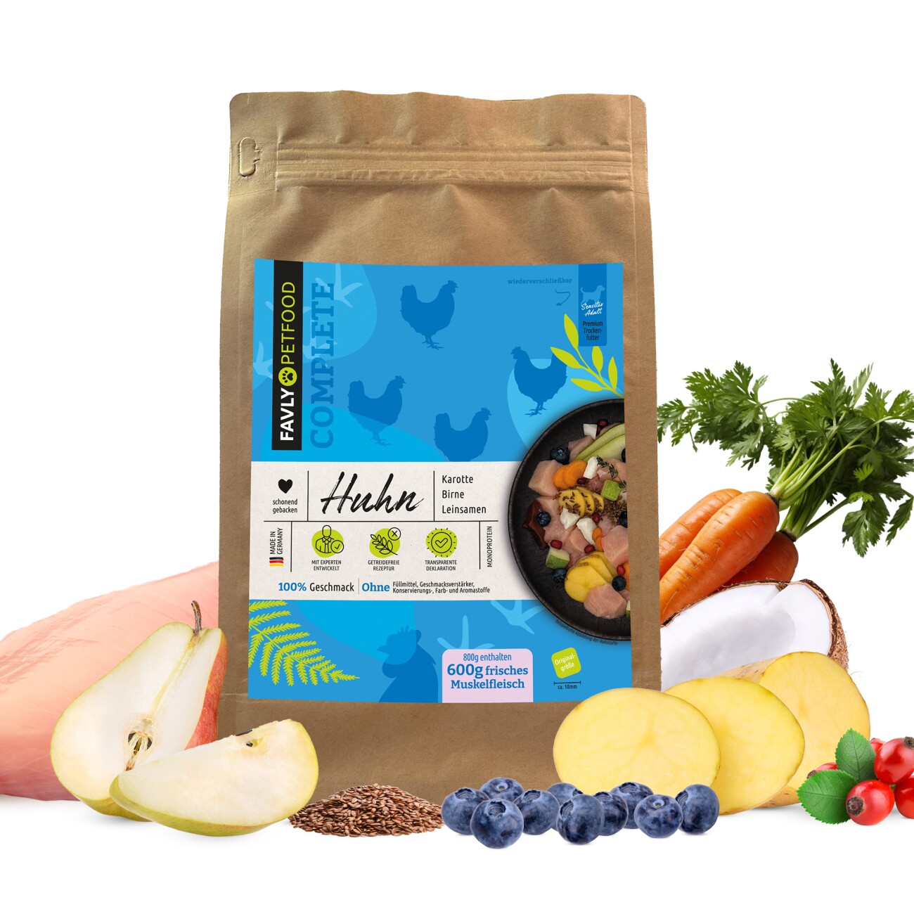 FAVLY Petfood Trockenfutter Huhn mit Karotte, Birne & Leinsamen (adult) 3 kg