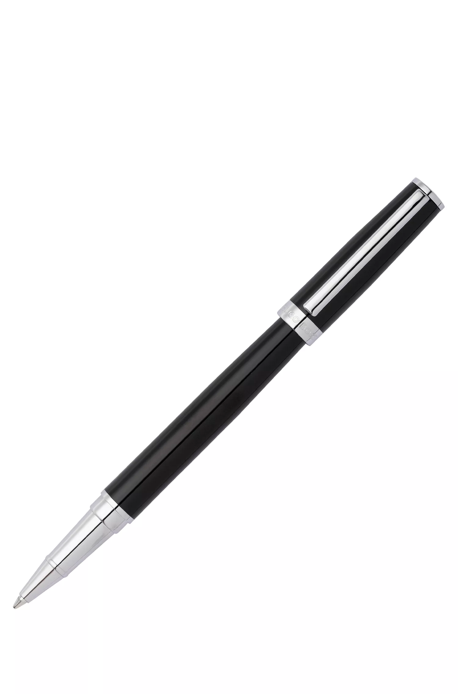 Caneta rollerball BOSS preta com acabamento em laca brilhante e anel com o logotipo.