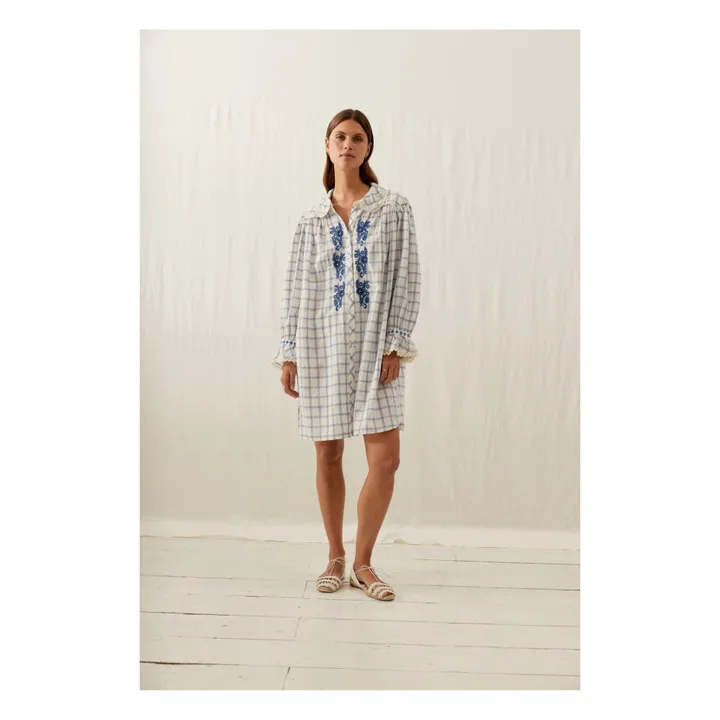 Louise Misha Robe Nilan Carreaux Coton Bio et Lin - Collection Femme | Bleu