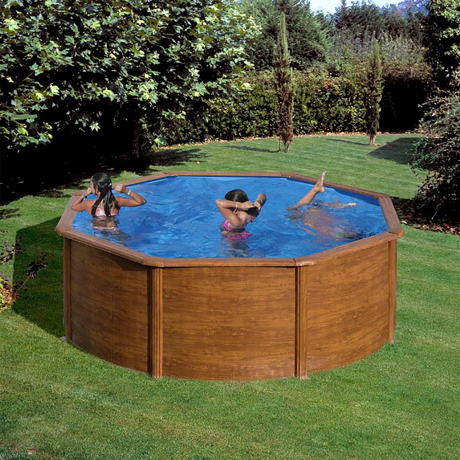 Paradies Pool® Gre Giant rund 460x120cm (Ø x H), Stahlwandbecken Holz, Poolplane in blau 0,4mm, Handlauf extra breit, inkl. Skimmer-Set und Leiter, Swimmingpool, Menge: 1 Stück
