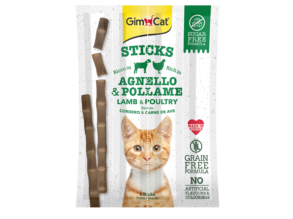 SNACKS PARA GATO GIMCAT STICKS COM FRANGO E BORREGO 4 UNIDADES