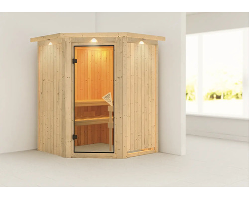 Elementsauna Karibu Callinan zonder oven, met dakkroon en gebronsde volledig glazen deur