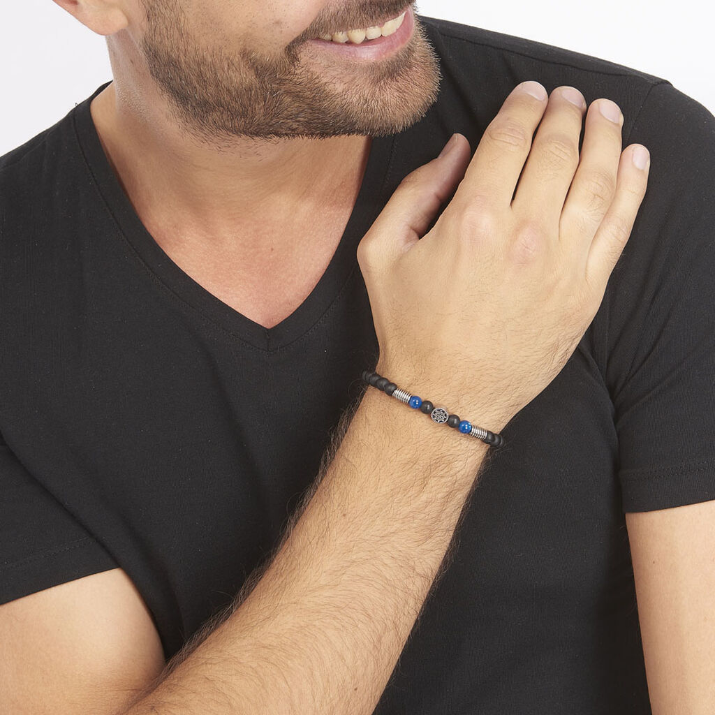 Bracelet Acier Huguesa Agate Noir Pierres Bleues