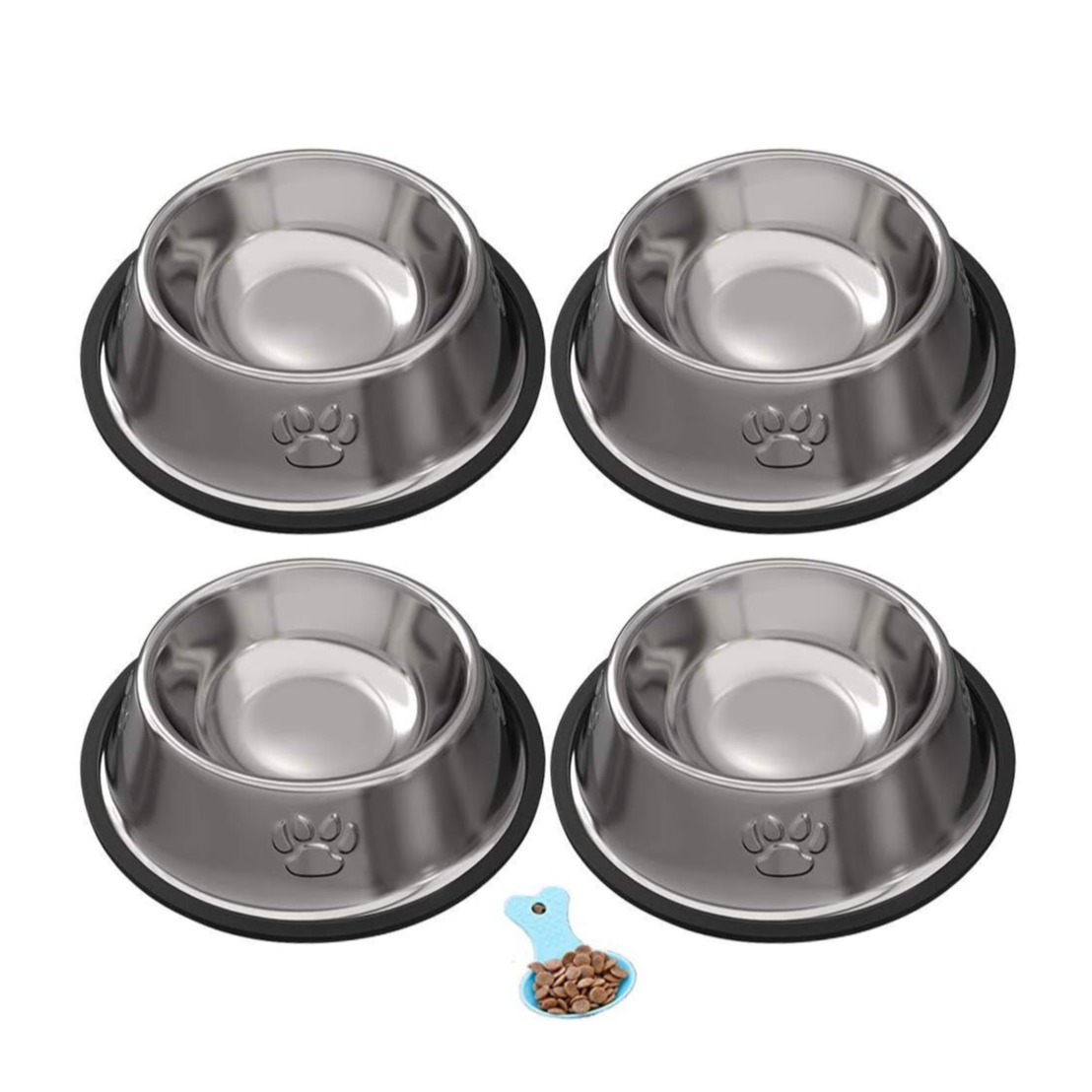 (4er Set) Edelstahl Haustier Futternapf Rutschfeste Fress Napf Wasser Schale   Futter Löffel für Katzen / Hunde - Silber