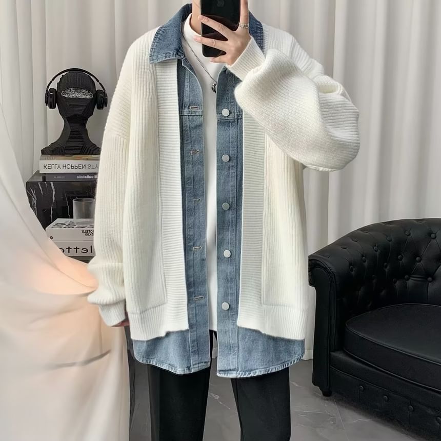 Cowpow - Kraag Tweekleurige Mock Tweedelige Geribbelde Oversized Cardigan