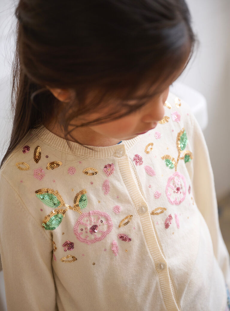 Cardigan écru animation sequins fleuris pour fille