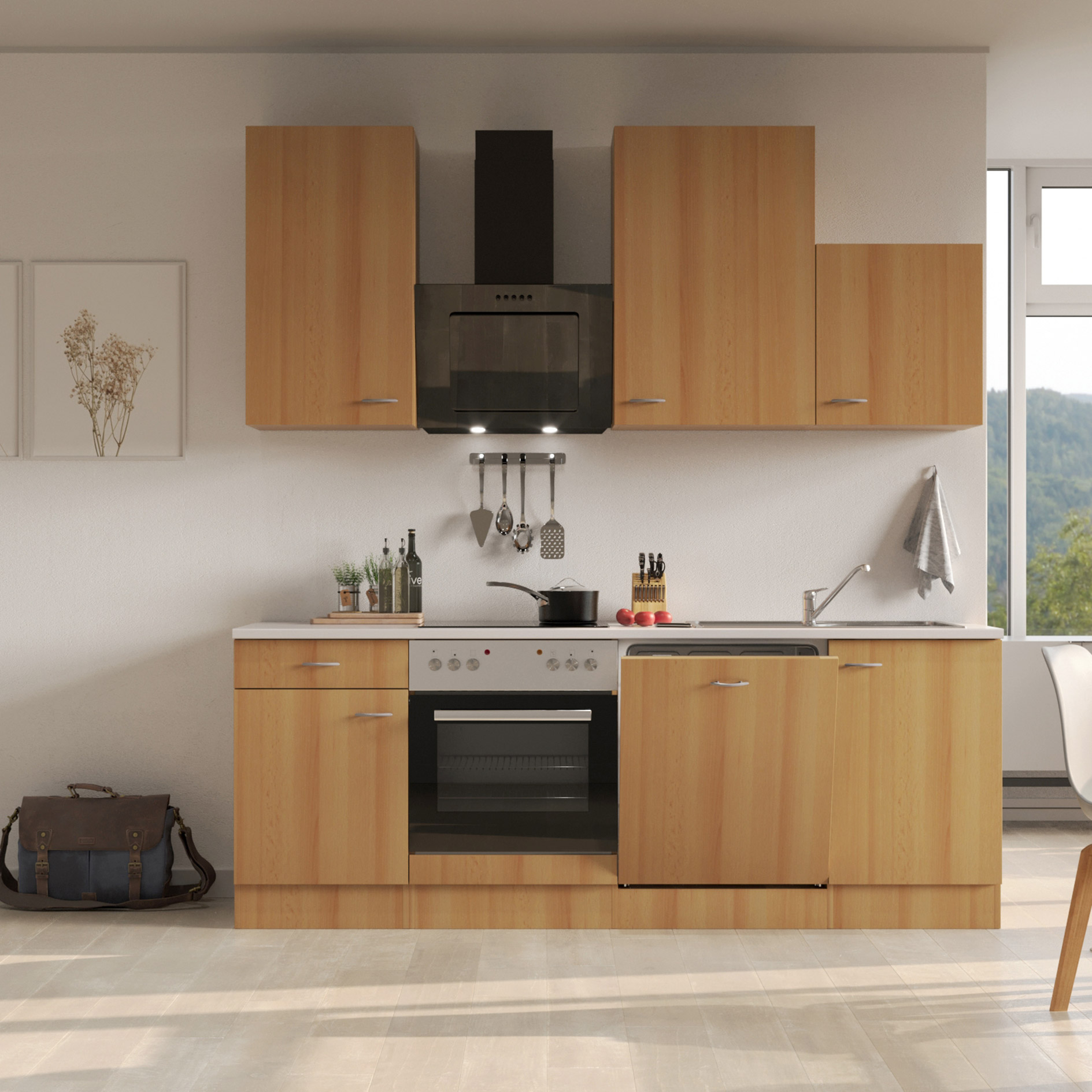Küchenblock NANO - Buche - mit E-Geräten - 220 cm