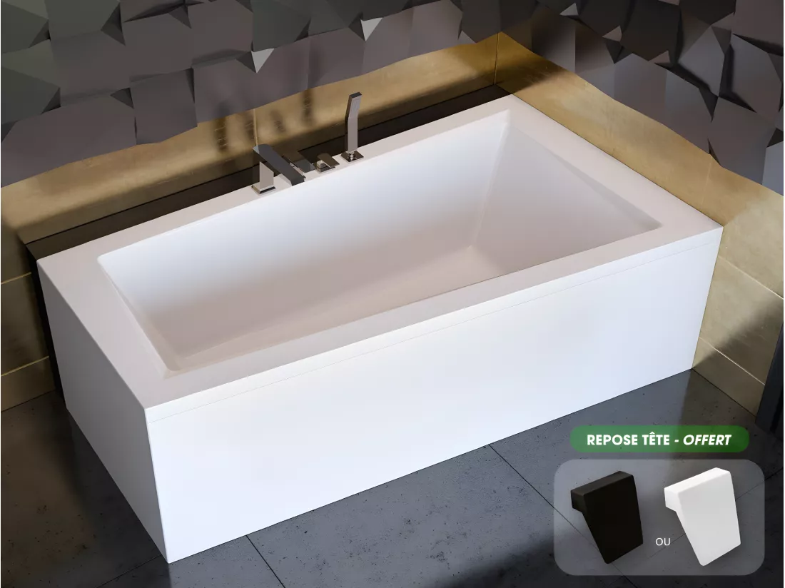 Baignoire asymétrique + tablier blanc + repose tête - INTIMA - 150 x 85 cm - Droite