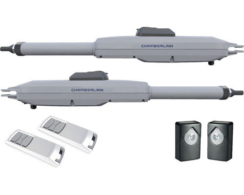 Chamberlain CHLA250EVC draaipoortaandrijving voor enkele en dubbele poorten, inclusief 2 x design afstandsbedieningen, 1 x infrarood fotocel en 2 x 2 sleutels voor noodontgrendeling.