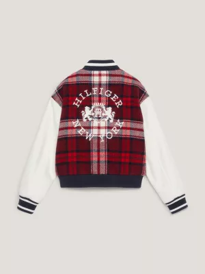 Jaqueta bomber xadrez com logo nas costas estilo universitário
