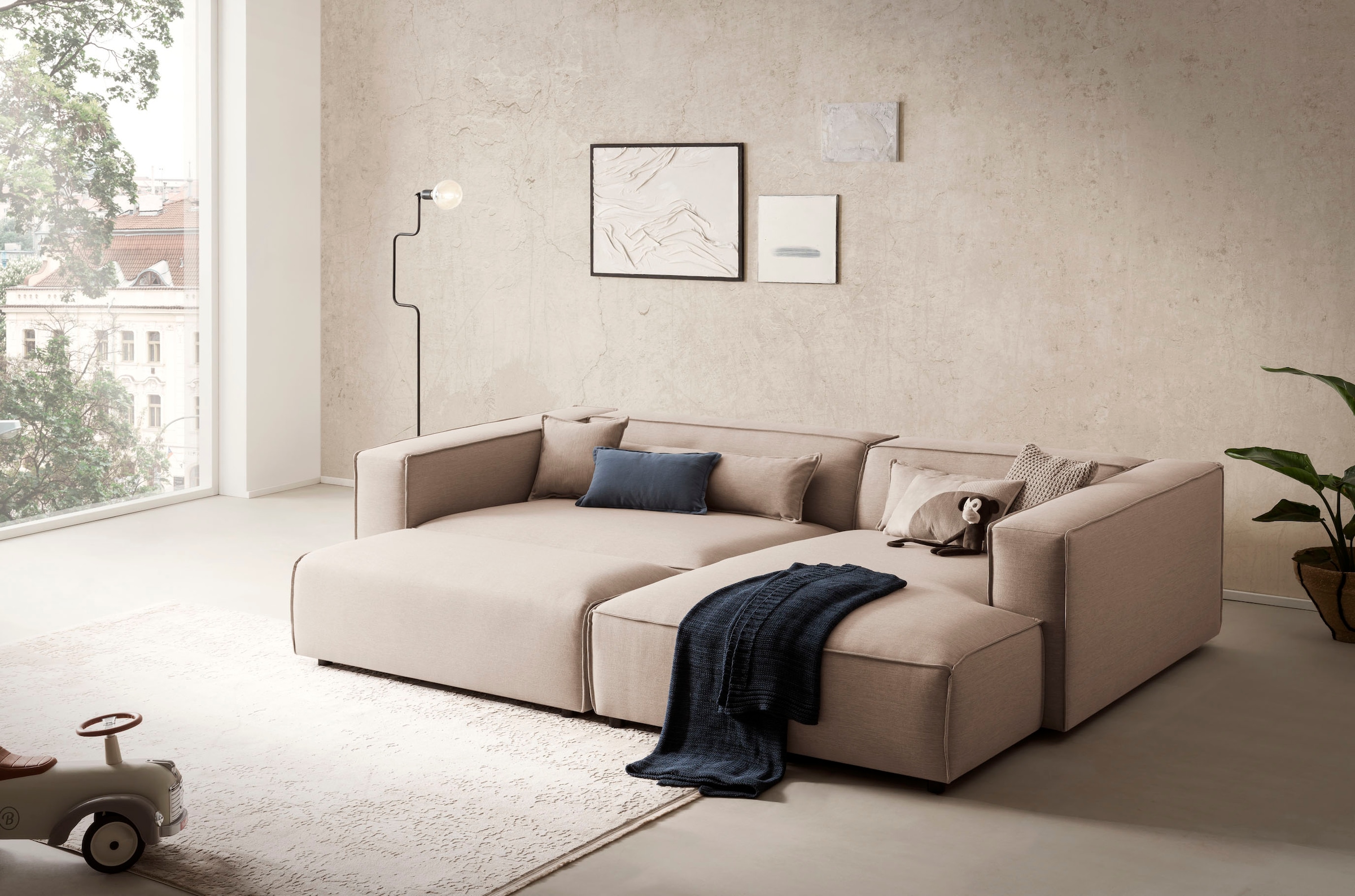 LeGer Home by Lena Gercke Ecksofa »PIARA XXL, L-Form, Schlaffunktion, Cord, Leinenoptik o. Strukturstoff« Hocker stellbar zum Schlafsofa (Krokodilverbinder), tiefe Sitzfläche