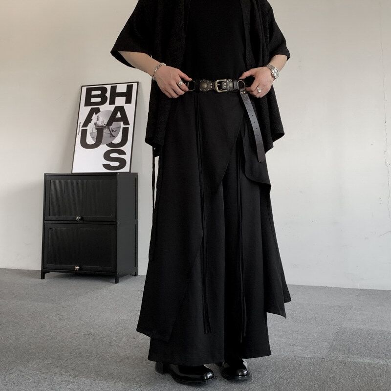 Orungeetun - Mid Rise Plain Skirt Overlay Wide Leg Pants