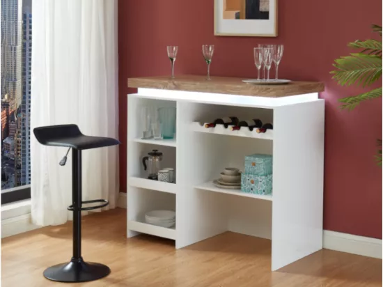 Meuble de bar HALO II - MDF laqué blanc - LEDs - Blanc et Chêne