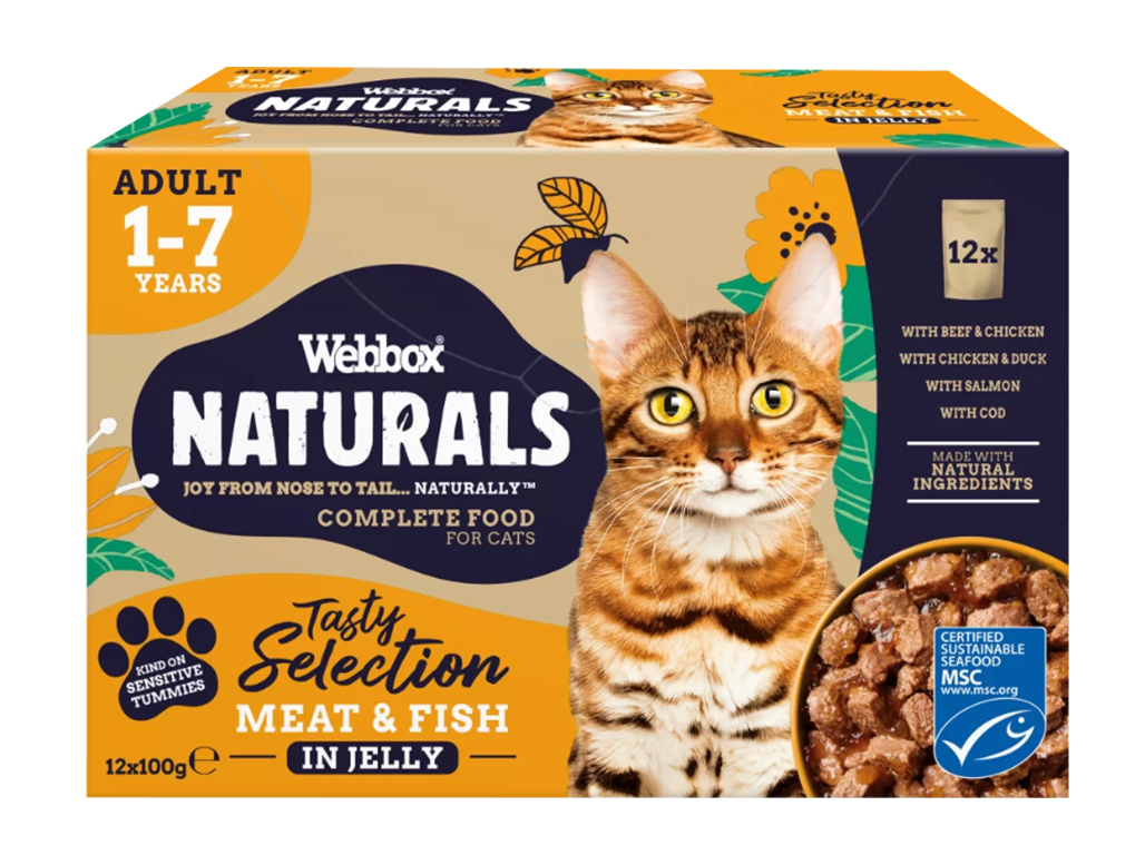 COMIDA HÚMIDA PARA GATO NATURAL WEBBOX SELEÇÃO DE PEIXES E CARNES EM GELEIA 12X100G