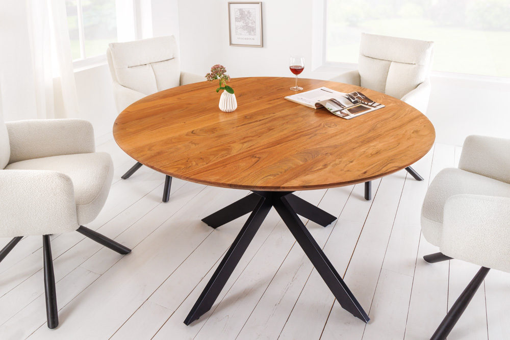 Massivholz Esstisch GALAXIE 130cm rund Akazie natur schwarzes Metallgestell
