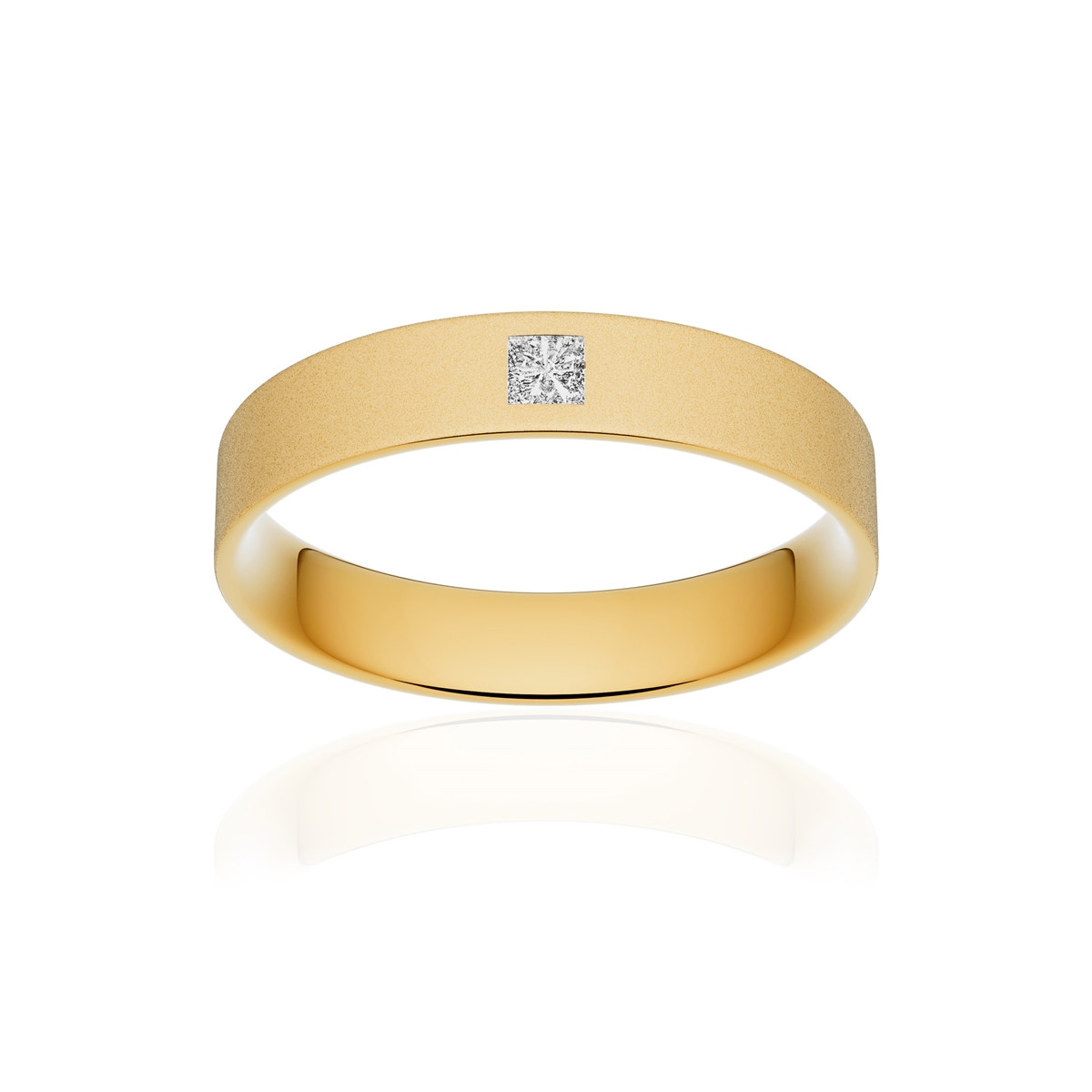 Alliance or 375 jaune sablé ruban plat confort 4mm diamant princesse