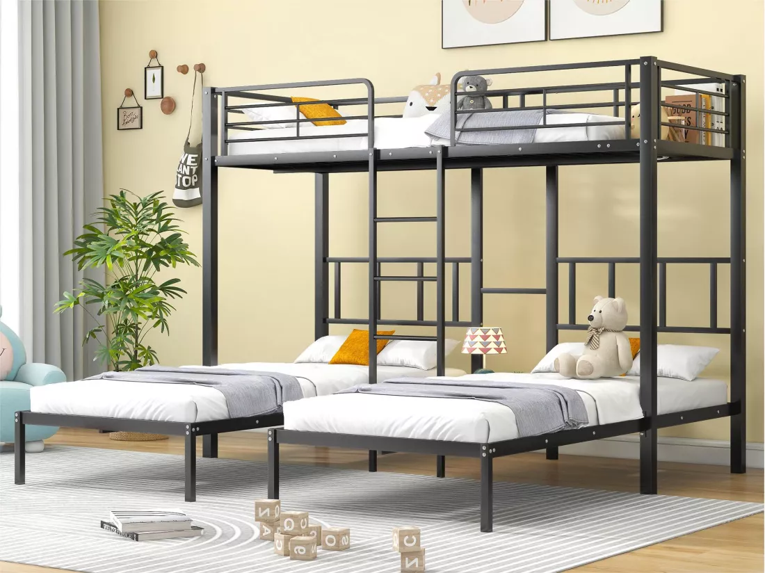 Lit superposé triple 3x90x200cm avec échelle et un plateau - cadre en métal - Noir
