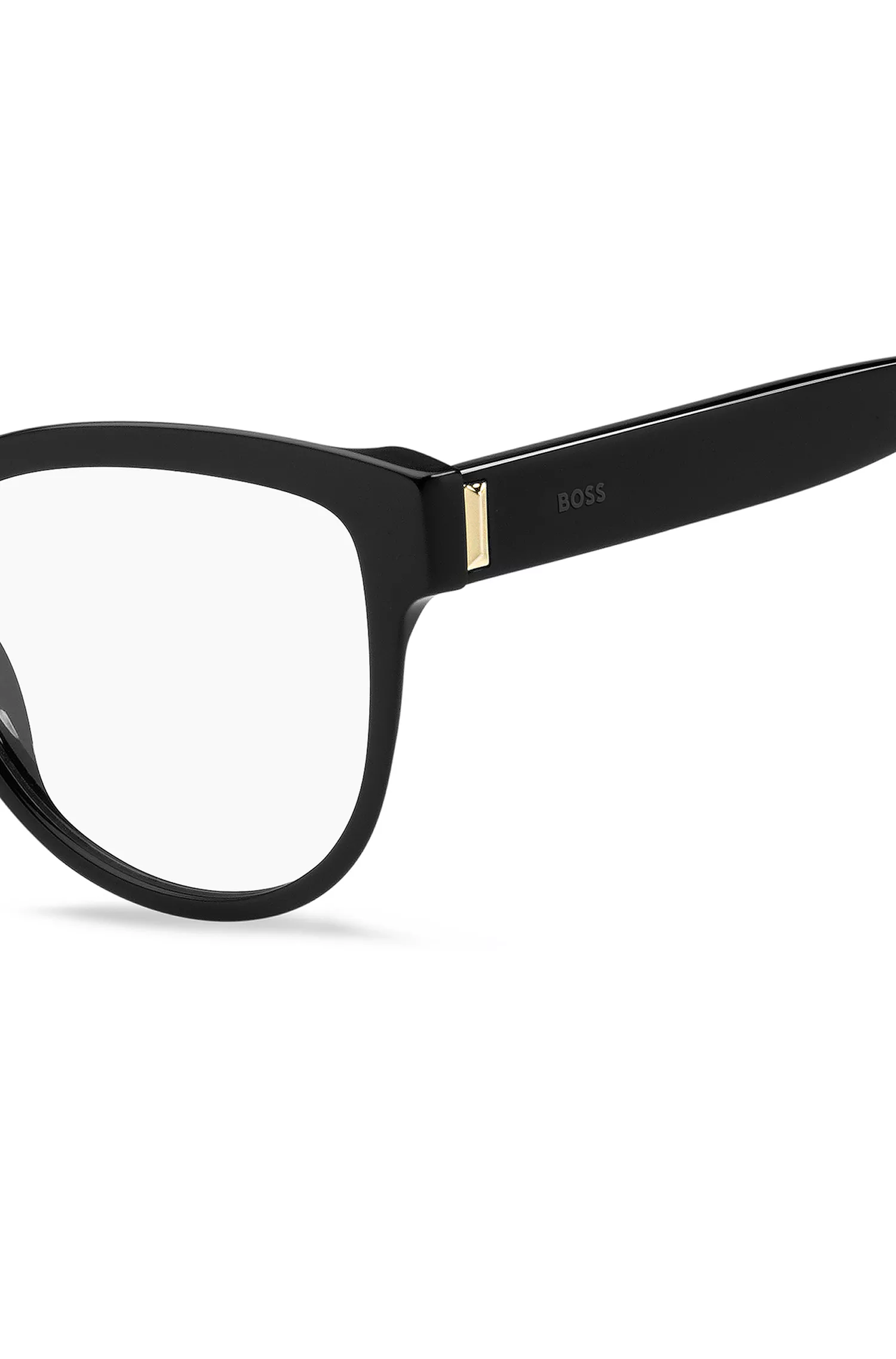 Armação de óculos BOSS em acetato preto com detalhes exclusivos.