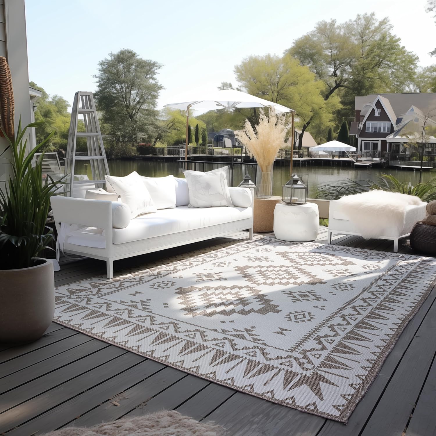 ELLE Decoration In und Outdoor Teppich – Wendeteppich Wetterfest & Wasserfest - Modernes Geometrisches Muster Rauten Muster Outdoorteppich für Garten, Balkon, Terrasse, Wohnzimmer – Linen, 200x290cm