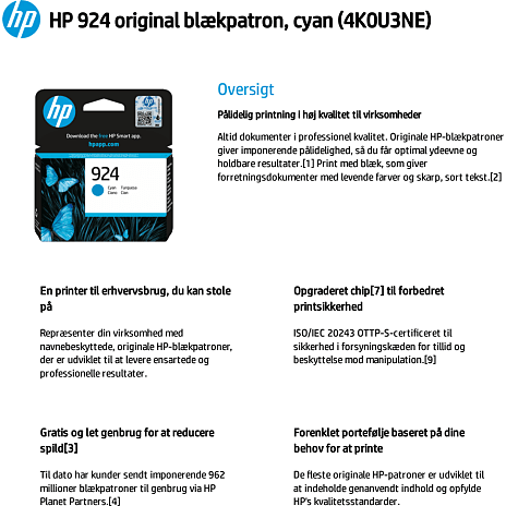 HP 924 blækpatron - cyan