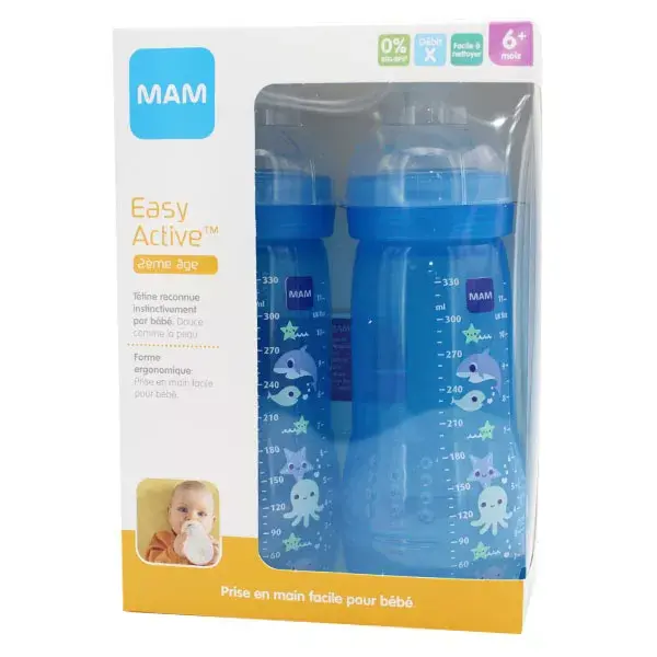 MAM Easy Active Biberon Débit X +6m Bleu Lot de 2 x 330ml