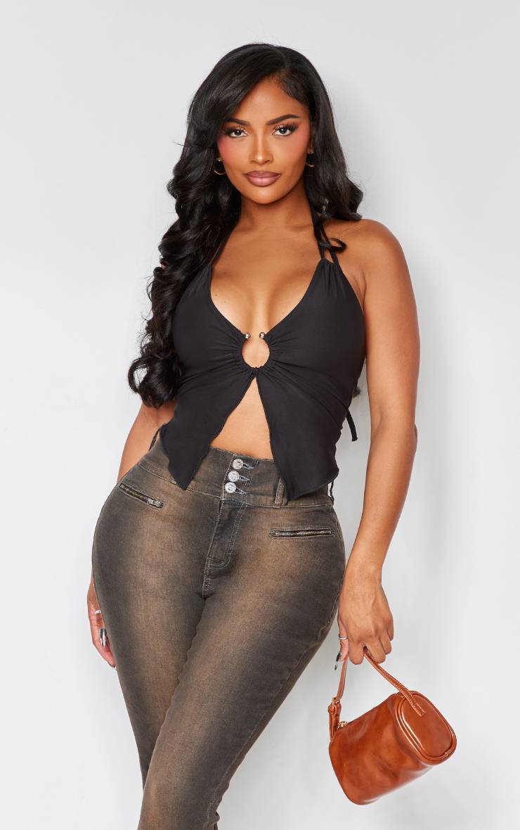 Noir Top Court Ajusté Col Licou Avec Anneau En Tissu Slinky Shape