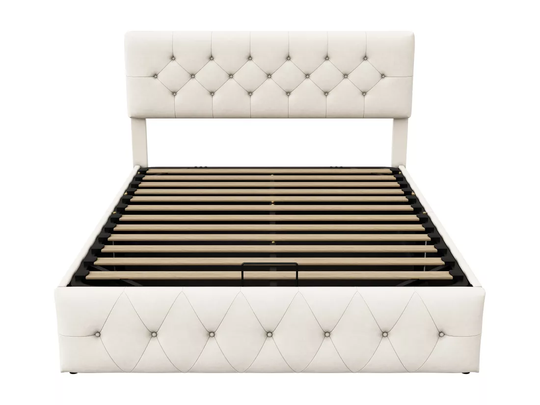 Lit coffre 140 x 200 cm,lit double,tissu velours,beige