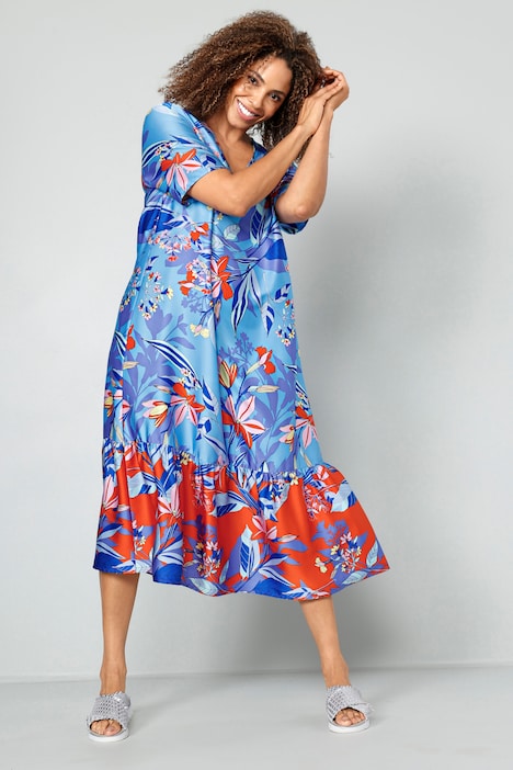 Midikleid, floraler Druck, Saumvolant