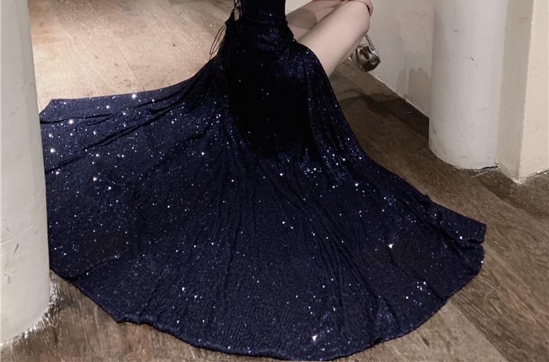 BOHEME - Spaghettibandjes V-hals Glitter Maxi A-lijn Jurk