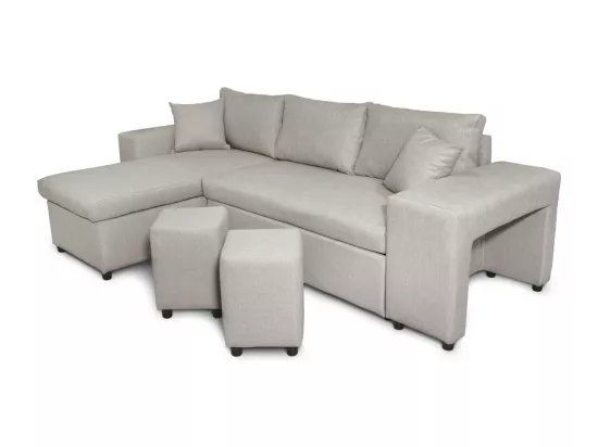 Canapé d'angle MADY convertible avec coffre, accoudoir étagère et poufs droit en tissu beige