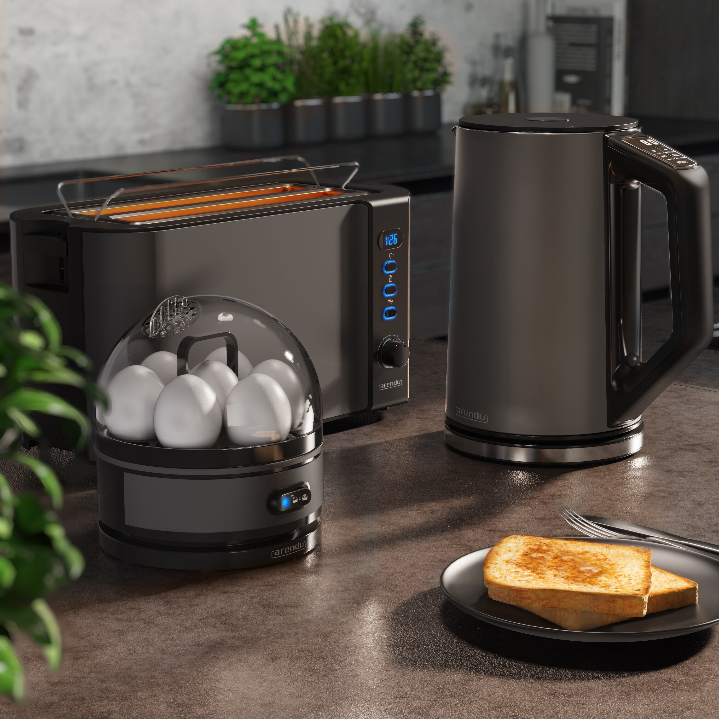 Arendo - Wasserkocher mit Toaster und Eierkocher SET Edelstahl Grau Wasserkocher 1,5L 40° - 100°C, Toaster 4 Scheiben LED-Display 6 Bräunungsgrade