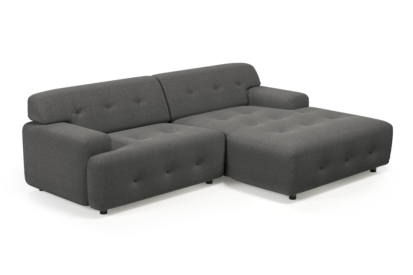 Bob sofa 1,5-seter med sjeselong høyre. Tekstil Mito 169 Antracite med sorte ben.