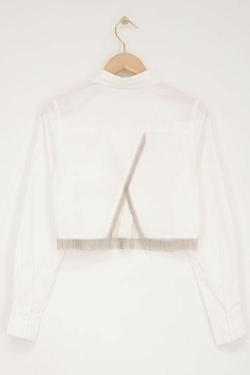 Witte cropped blouse met glitter franjes