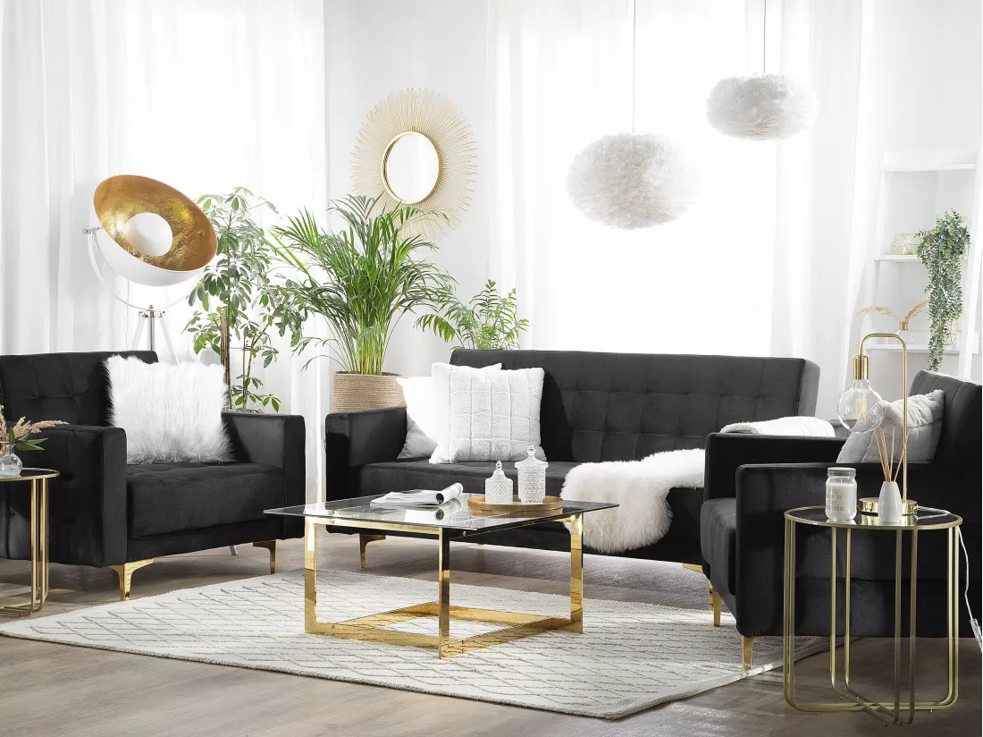 Ensemble canapé et fauteuils en velours noir 5 places ABERDEEN
