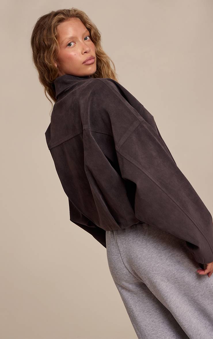 Gris Blouson Aviateur En Faux Suède Avec Patte De Boutonnage Dissimulée