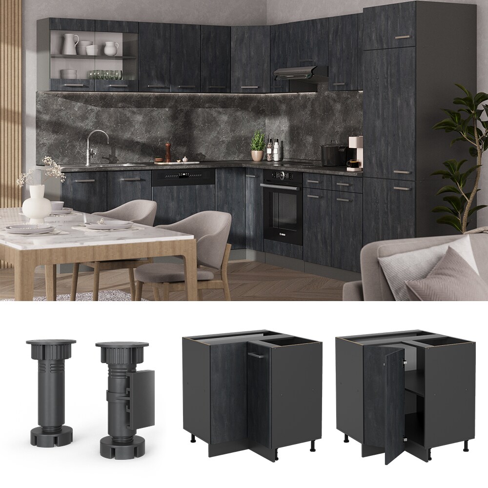 Vicco Eckunterschrank R-Line Schwarz Beton Anthrazit 87 cm mit Arbeitsplatte Anthrazit