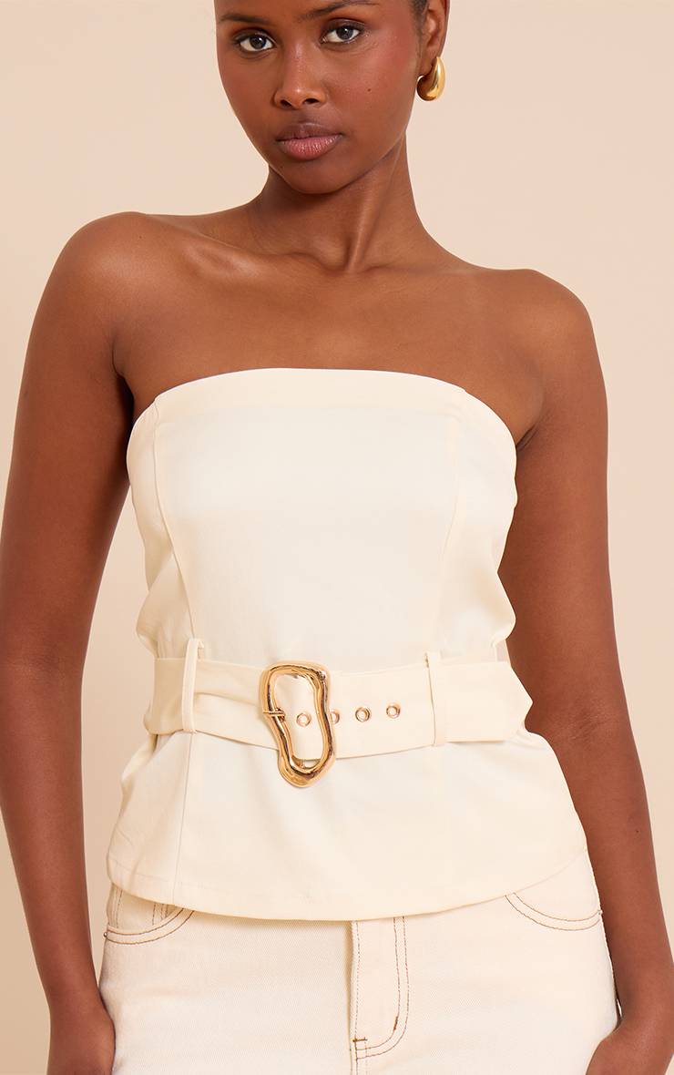 Crème Top Bandeau Tissé Avec Ceinture Et Détails Contrastants