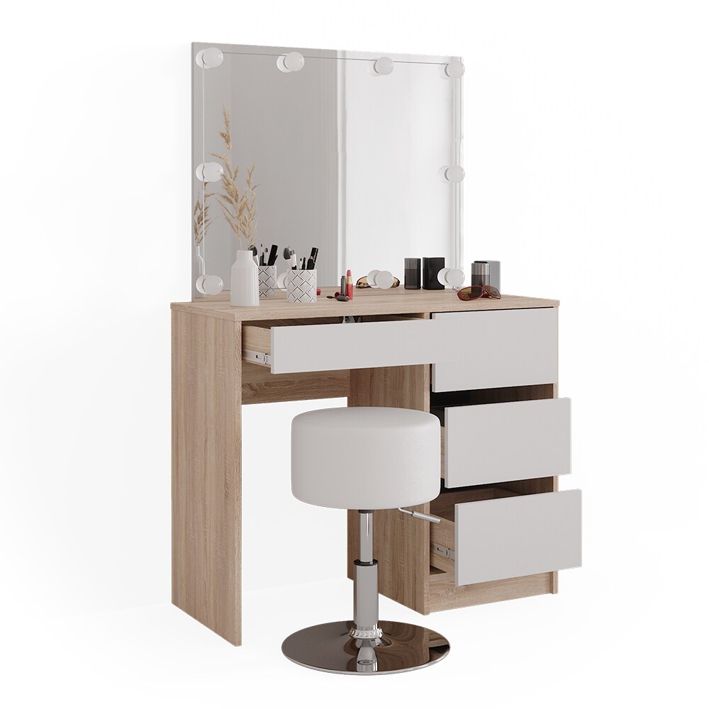 Vicco Schminktisch Sherry Sonoma Weiß, 90 x 75 cm, Spiegel, LED & Hocker, modern