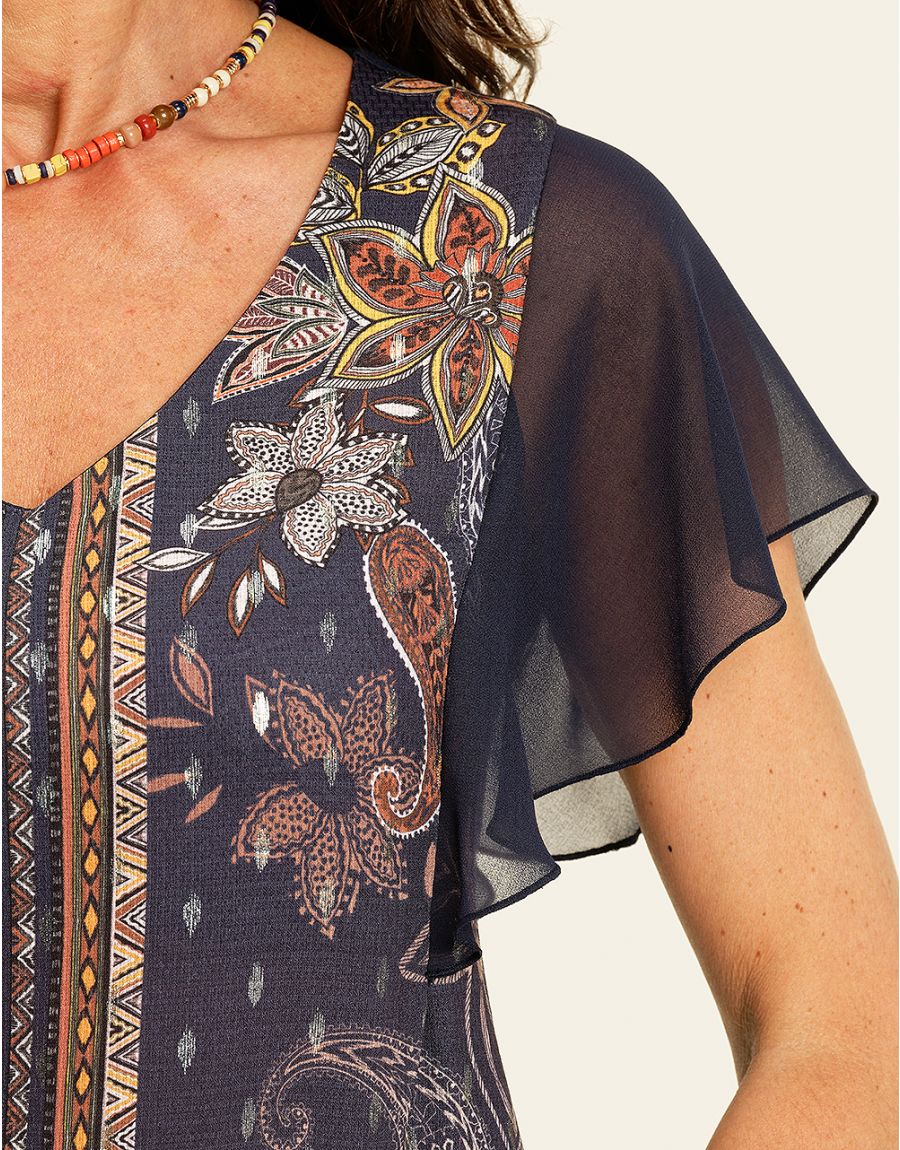 Top bleu manches papillon