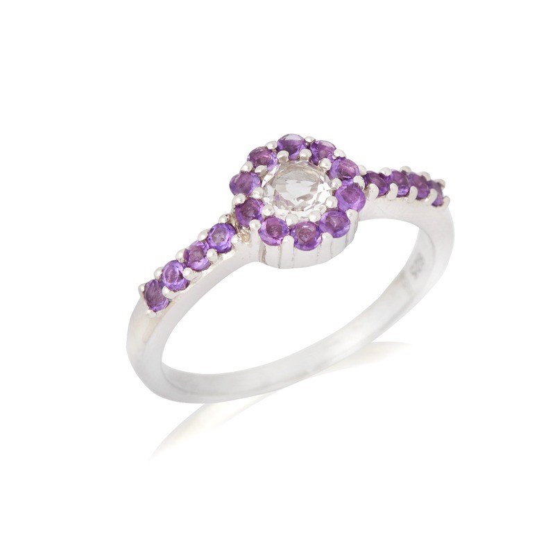 BAGUE CRYSTAL DE ROCHE, AMETHYSTE ARGENT RHODIE 925/1000