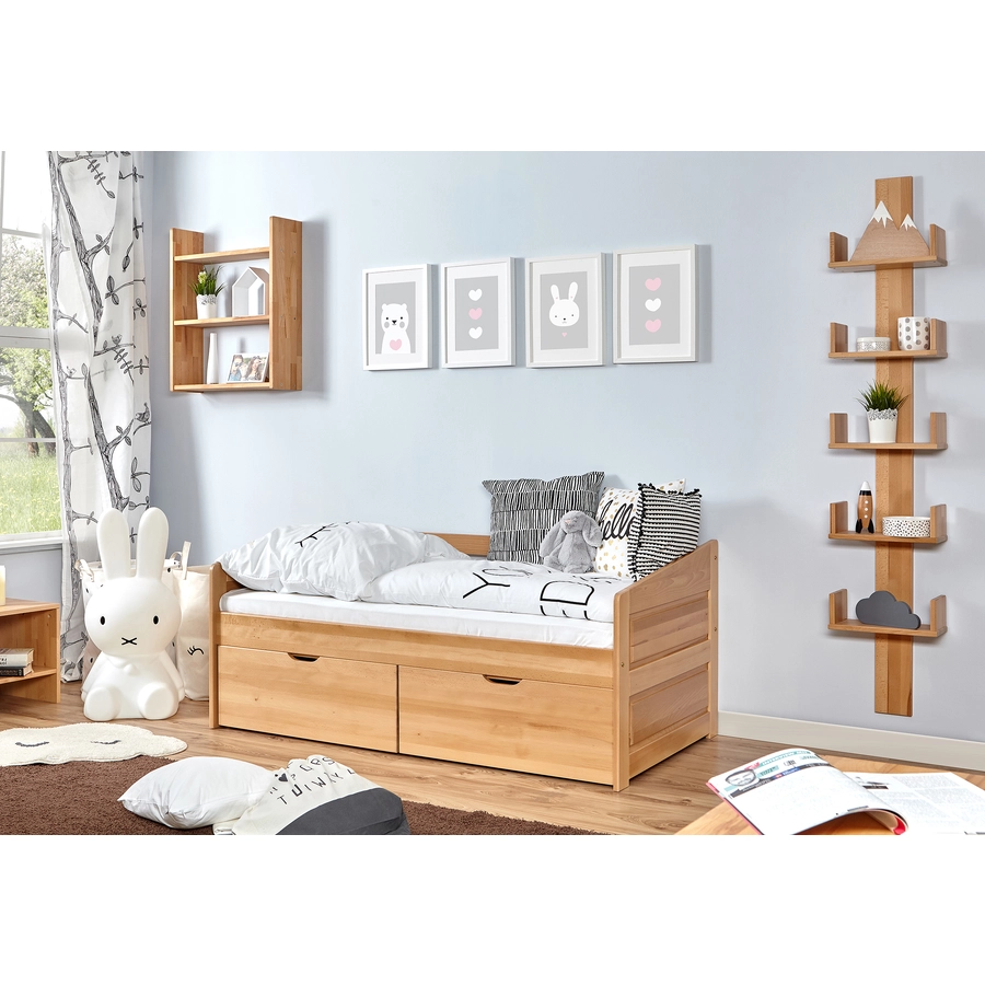 TiCAA Sofabett Mini Micki Buche natur mit 2 Schubladen inkl. Matratze
