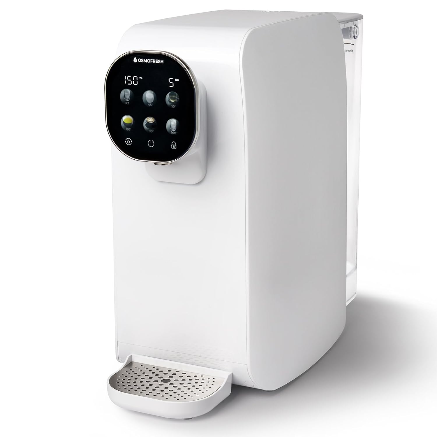 OsmoFresh Auftisch Osmoseanlage Quella Pro White | mit Heißwasserspender | 6 Temperaturstufen | 7-Fach Umkehrosmose Filterung | Wasserfilter für Küche Büro Wohnmobil | kalkfreies Trinkwasser | UV