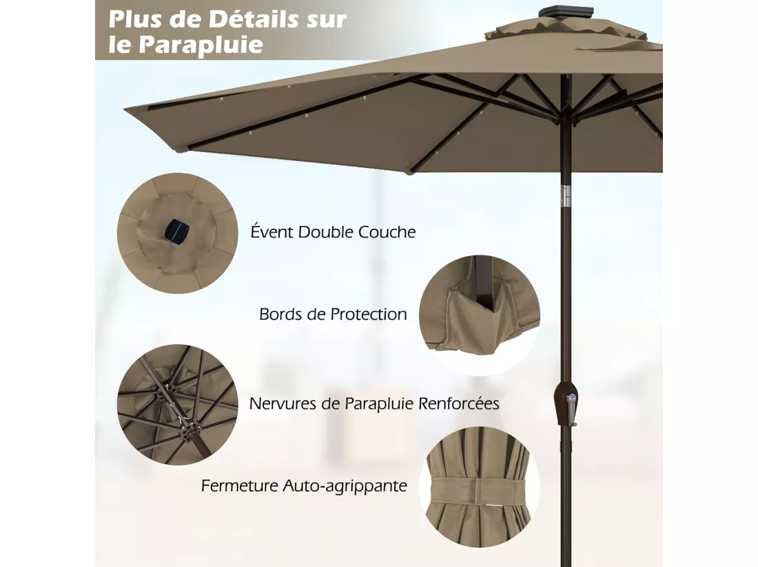 Parasol de Jardin Extérieur Ø 300 CM, Parasol Inclinable Lumineux Solaire avec 24 LED, Parasol Droit avec Manivelle et 8 Baleines Métalliques Robustes, pour Balcon Jardin Terrasse (Brun)