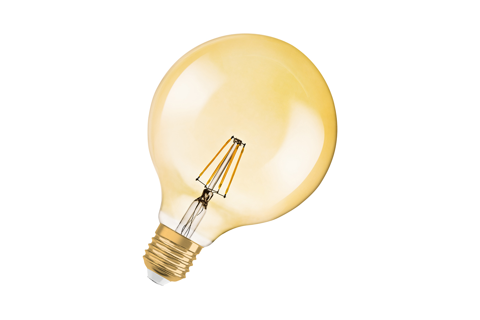 Globe LED-dekorpære E27 Gyllent glass med rette LED-filamenter, ekstra varmhvitt lys og E27-sokkel. Dimbar.