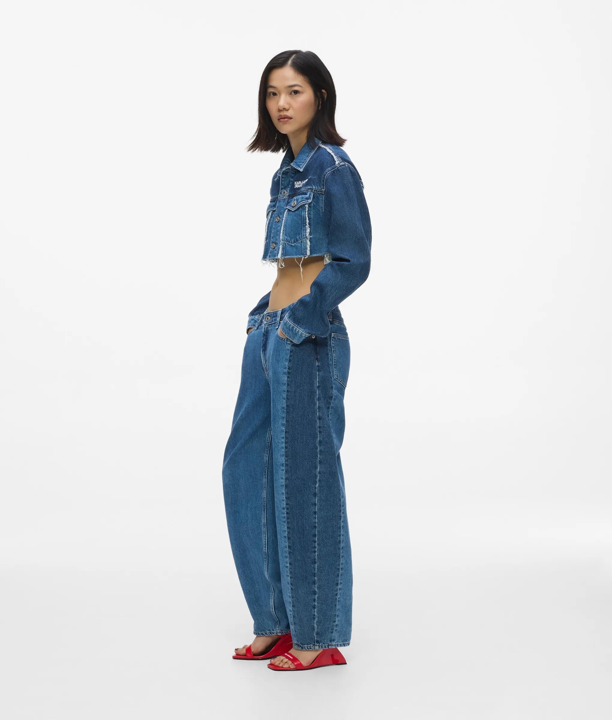 Geblokte denim jeans met halfhoge taille en tonvormige pijpen