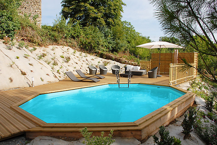 Piscine bois Blooma Kariba liner bleu LDD 6,37 x 4,12 x h.1,33 m