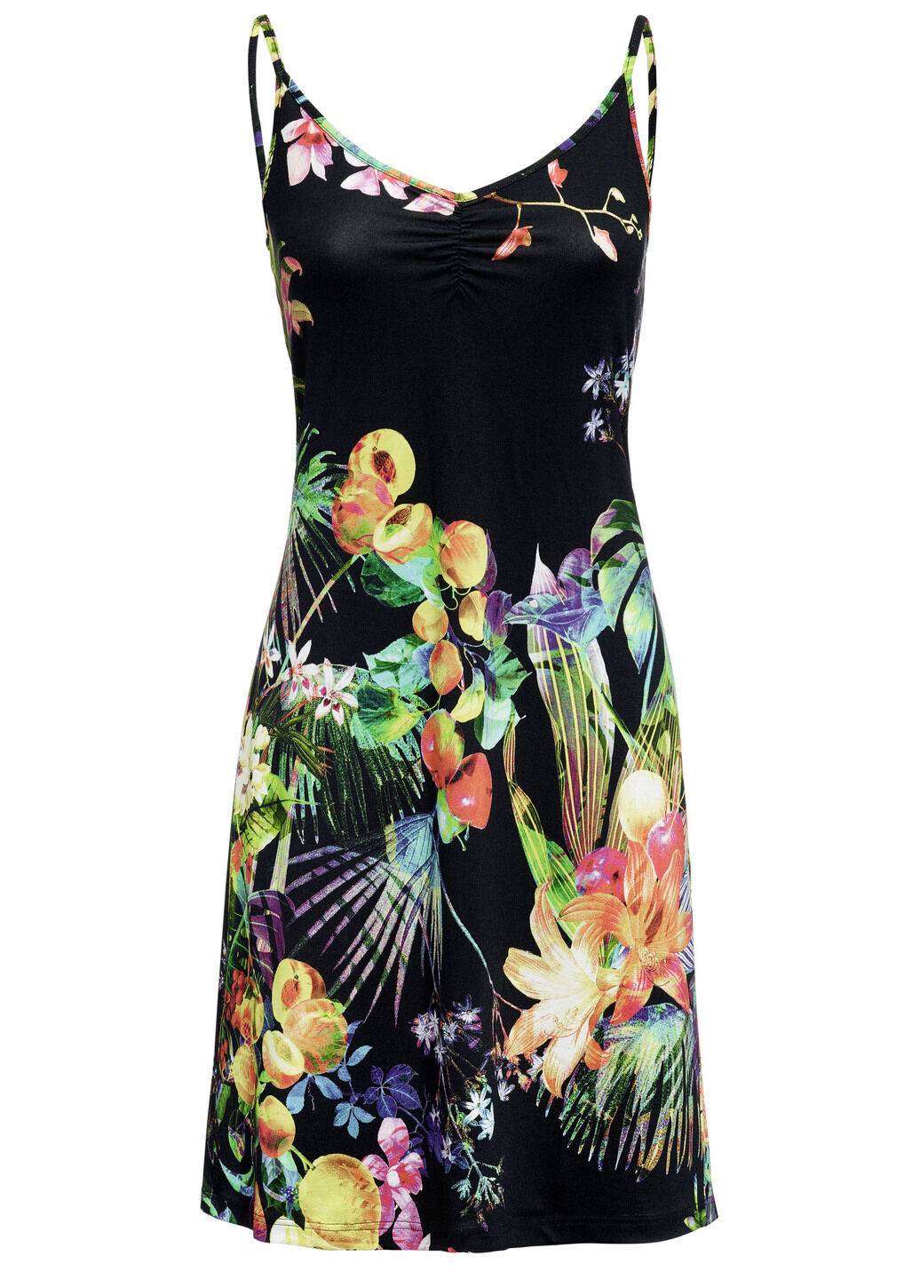 Kleid mit Spaghettiträgern und farbbrillantem Druckdessin