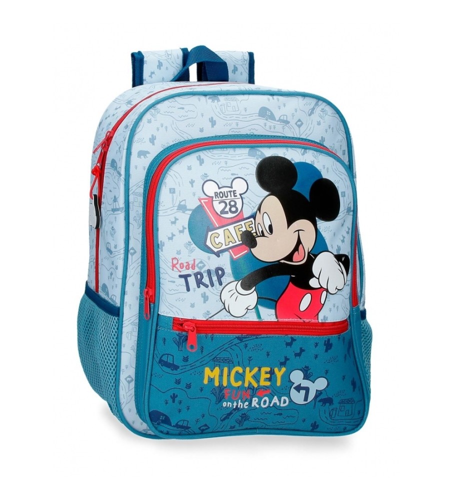 Mochila escolar Disney Mickey Road Trip 38cm adaptável para carro azul