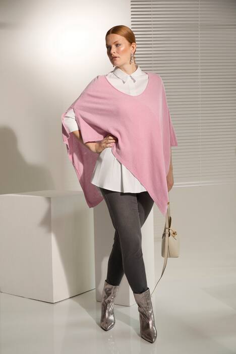 Strickponcho, Wollmischung, V-Ausschnitt, Zipfelsaum, kräftiges rosa